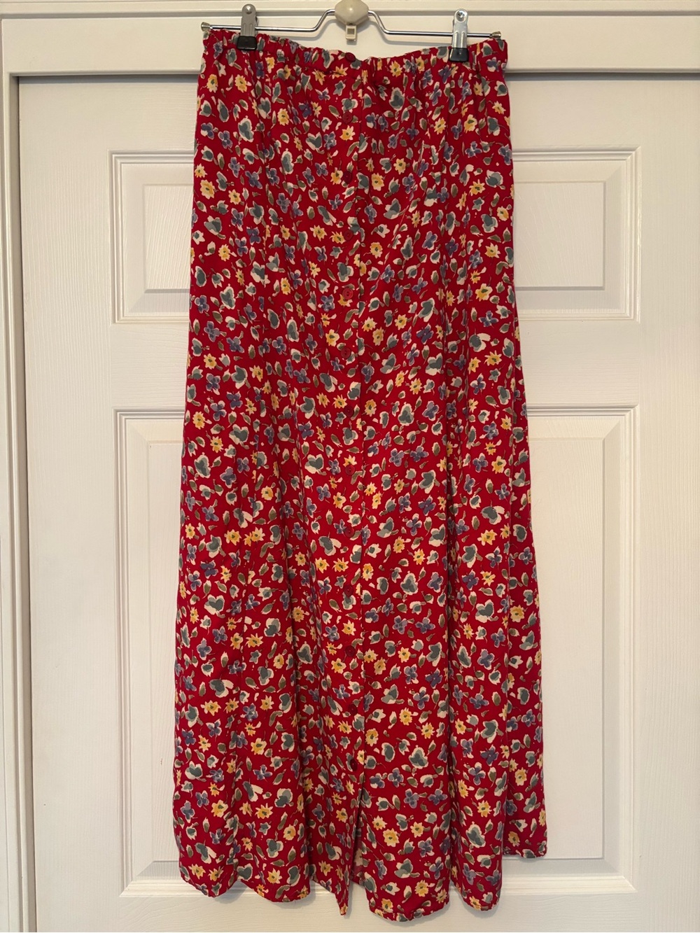 Red Floral Maxi Skirt with Buttons